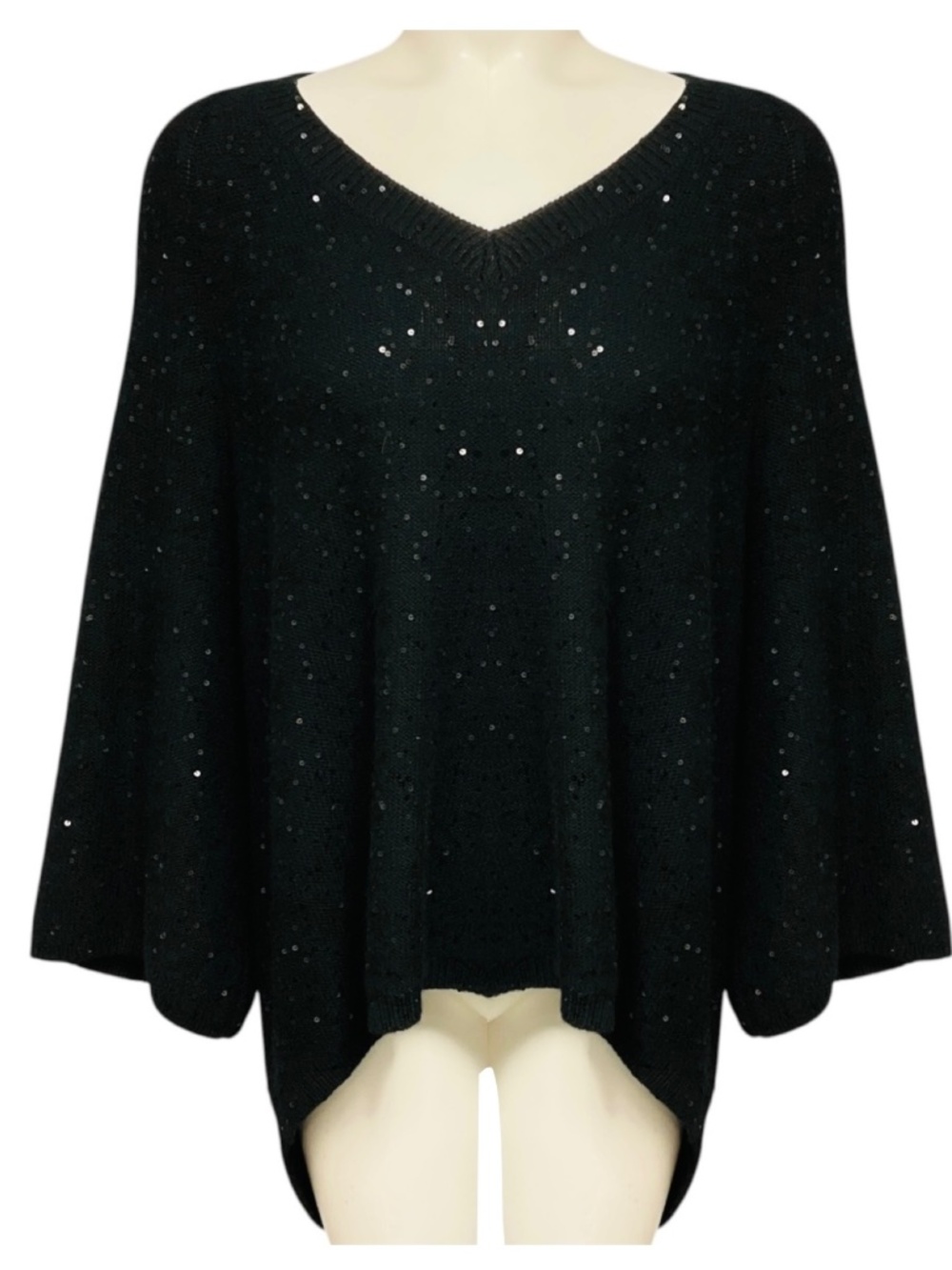 BRUNELLO CUCINELLI BLACK SEQUINED CASHMERE AND SILK KNIT HIGH LOW SWEATER
